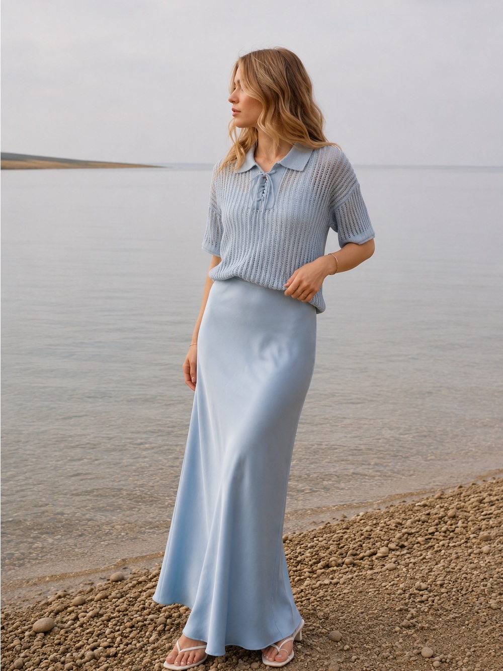 Women's Light Blue Knit Polo Tee — Short Sleeve